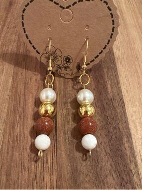 Handmade Gold, White and Brown Beaded Drop Earrings